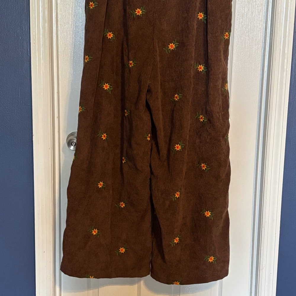 Cider Brown Corduroy Overalls with Orange Floral Embroidery - Picture 5 of 6